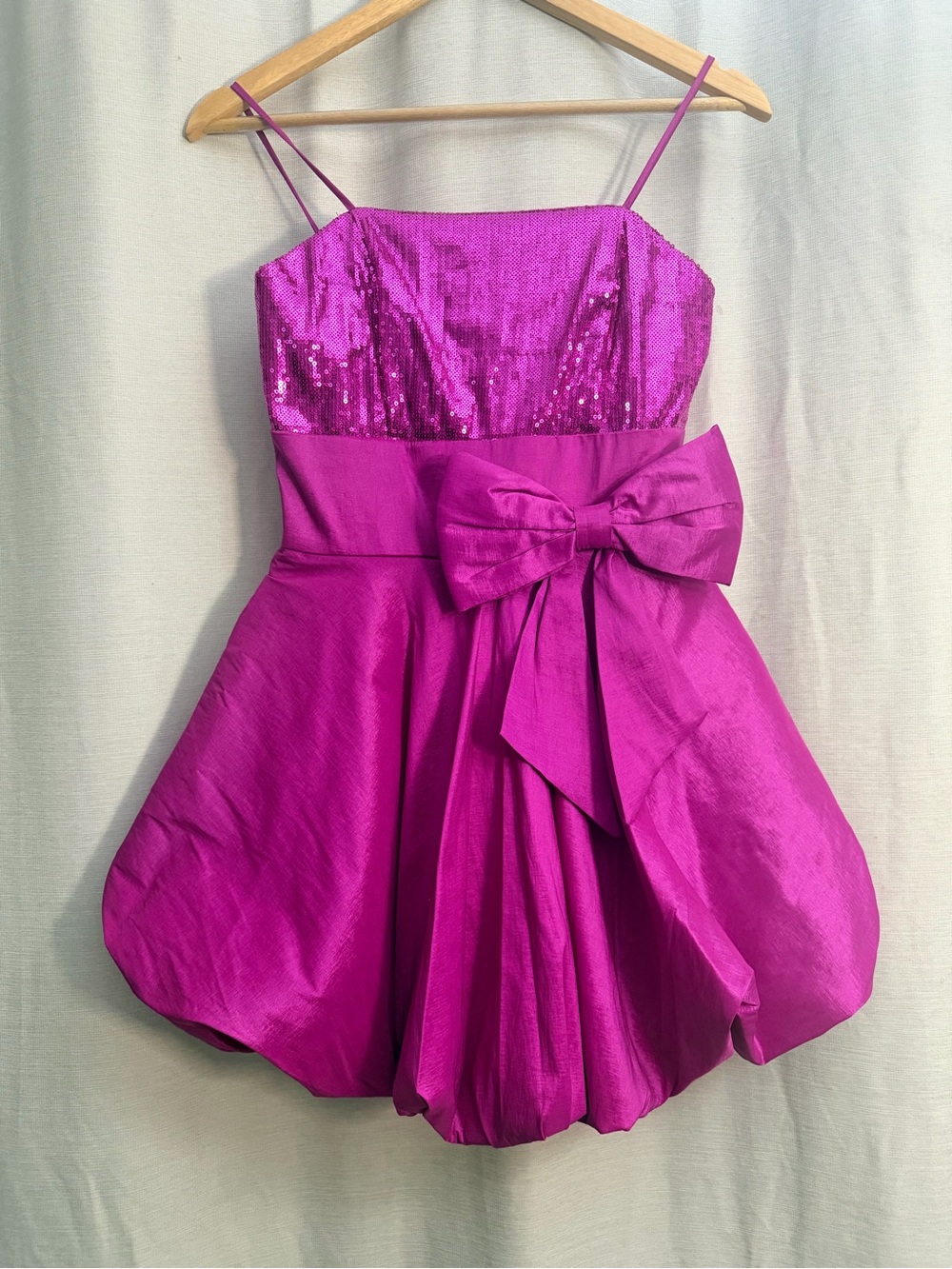 Grace in LA Fuchsia Sequin Bodice Bubble Dress with Bow - Picture 3 of 12
